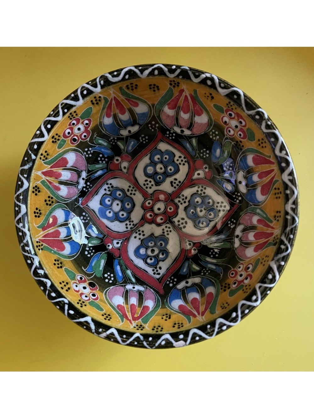 Turkish Hand-Painted Floral Small Ceramic Bowl in Yellow, Blue, Red and Green